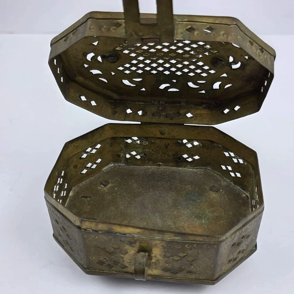 Antique Brass Cricket Box Octagon Ornate Pierced Metal Trinket Case